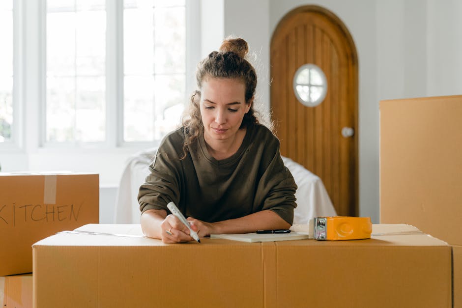 A young woman with curly brown hair tied in a bun is seated at a table inside a home, surrounded by several cardboard moving boxes labeled with black marker, including one marked 'KITCHEN'. She is wearing a dark green long-sleeve shirt, focusing on writing or organizing documents with a black marker in her right hand. On the table, there is an orange packing tape dispenser and a black pen. The room is well-lit with natural light coming through large windows in the background, revealing a white wall and a wooden door with a small circular window. This scene is part of a home relocation process orchestrated by Man with Van Surbiton, reflecting the packing and moving preparations involved in a local house removal from Berrylands to Surbiton Hill Park.