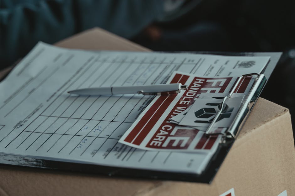 Close-up of a clipboard with a house removal deposit and cancellation form, featuring handwritten notes and a white pen resting on top. The clipboard is placed on a cardboard box, which is part of pac